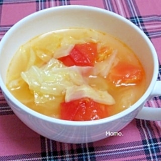 キャベツとトマトの穂先メンマのピリ辛スープ